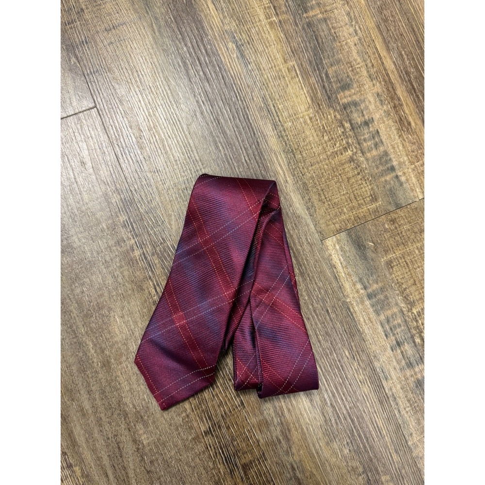 Saks Fifth Avenue RED Mens Silk Tie Burgundy Purple Plaid Check Made in Italy